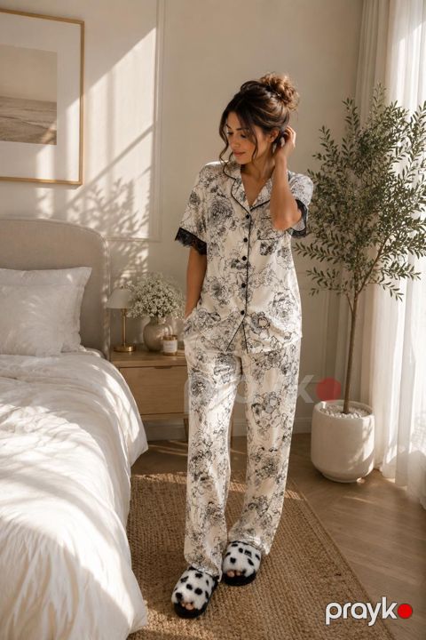 Qadınlar üçün şalvarlı pijama dəsti 8042, ağ, poliester, ölçü 40 — Bakı