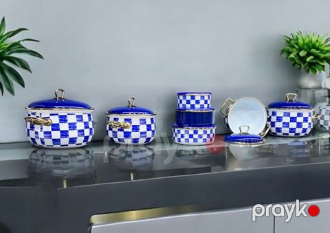Qazan və saxlama qabları dəsti HSB01, minalanmış polad, ağ/göy, qazanlar 16/18/20/22 sm, konteyner 14/16/18 sm, 14 əd — Bakı