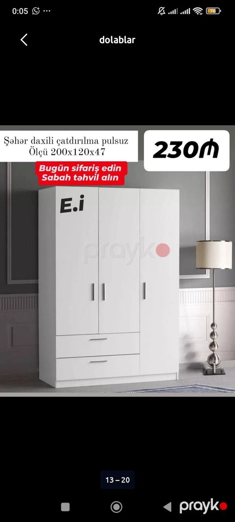 Ağ rəngli üç qapılı paltar dolabı - Ölçü: 200 x 120 x 47 sm (şəkildə — Bakı
