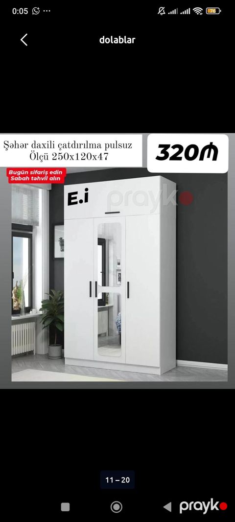 Ağ rəngli 3 qapılı paltar dolabı - Ölçü: 250×120×47 sm - Ortada — Bakı