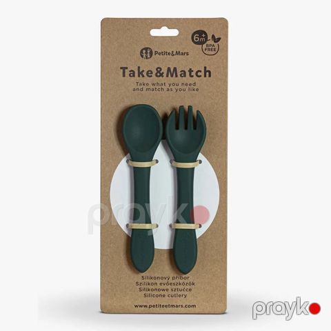 Qaşıq və çəngəl dəsti Petite&Mars Take&Match Misty Green, qida silikonu, göy 2 əd — Bakı