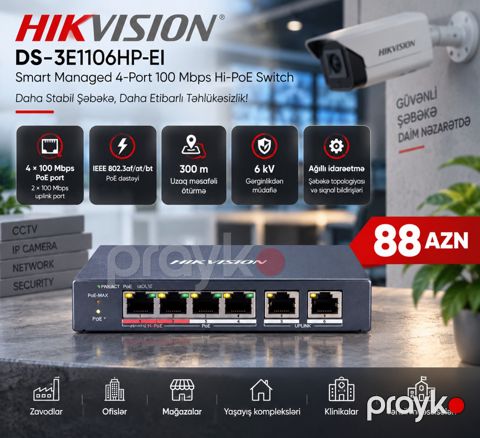 Hikvision 4 Portlu PoE Switch — Bakı