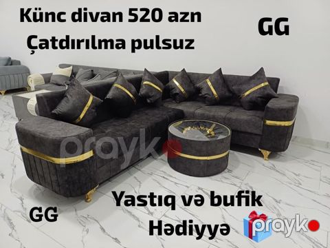 Künc divan dəsti – qara rəngdə, qızılı dekor detalları ilə