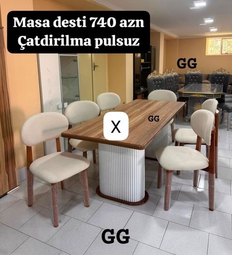 Masa dəsti – müasir dizaynlı yemək masası və 6 ədəd yumşaq oturacaqlı — Ucuz serfeli Mebel — Masalar və stullar