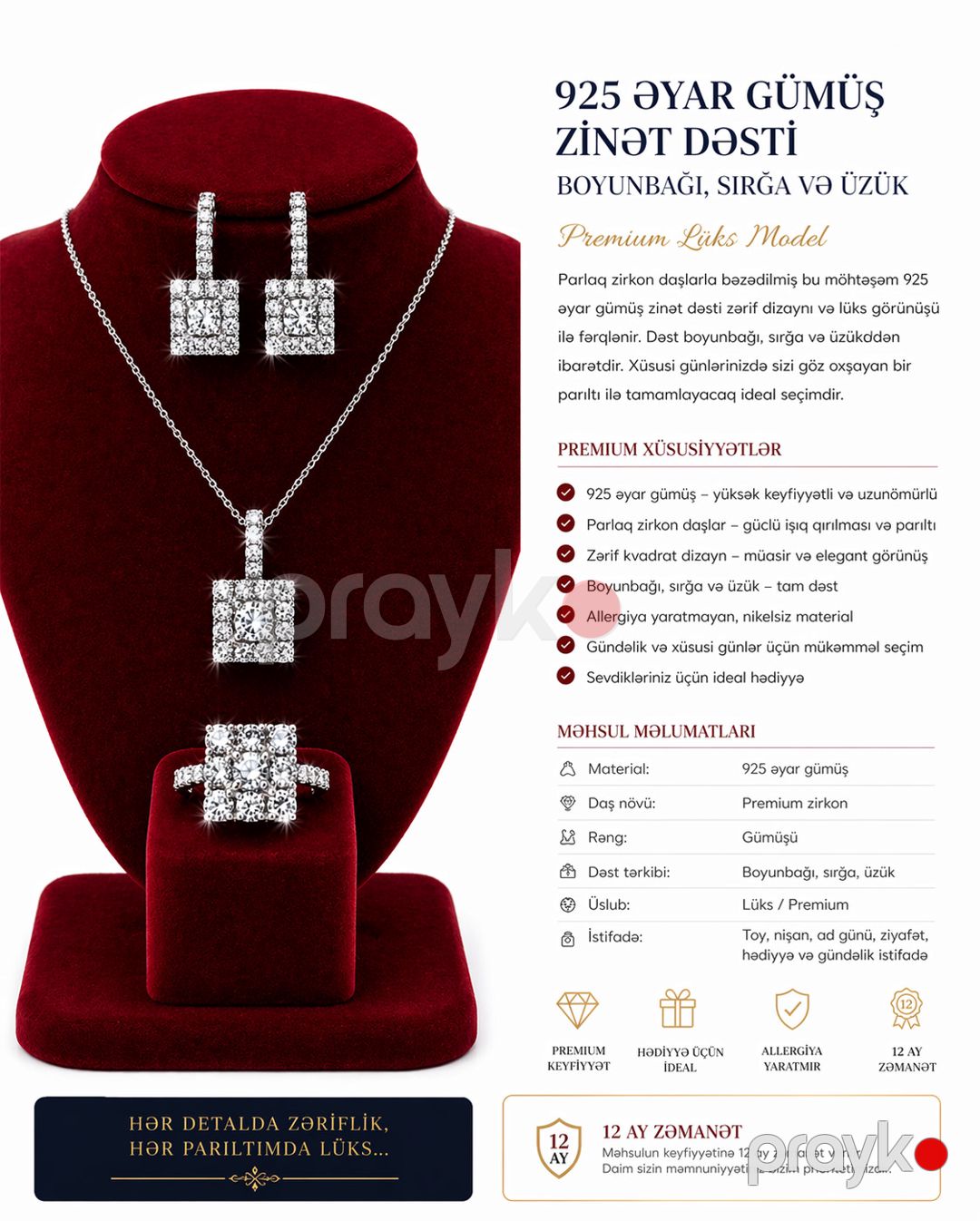 Zinət dəsti boyunbağı, sırğa və üzük 13764, gümüş 925 əyar, 10 q — Mallar, Bakı (2)