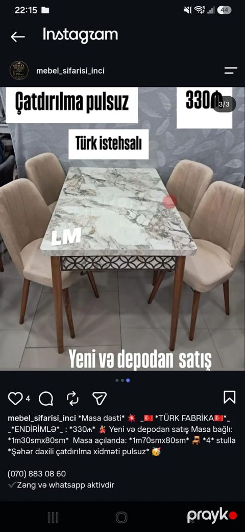 Masa dəsti – Türk istehsalı - Dəst tərkibi: 1 masa + 4 stul - Masa — Bakı