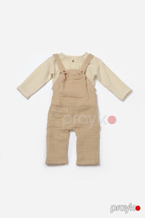 Oğlanlar üçün 2 ədədli şalvarlı kombinezon dəsti BabyCosy CSYM7047, bej, pambıq, ölçü 6-9 ay — Bakı