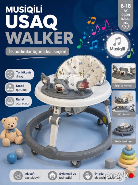 Uşaq yerimə arabası VİPBaby Bear musiqili, boz — Bakı