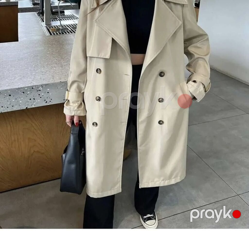 Bej rəngli qadın trençkot - Model: ikiqat düyməli, klassik trench — Yağmurlaq, Bakı (2)