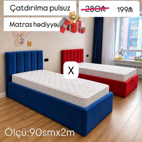 Uşaq otağı üçün tək nəfərlik çarpayı - Ölçü: 90 sm x 2 m - Yumşaq — Bakı