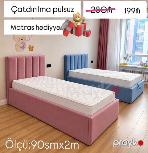 Uşaq/yeni gənc otağı üçün yumşaq başlıqlı tək nəfərlik çarpayı — Bakı
