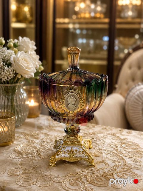 Şirniyyat qabı, şüşə, qızılı/yaşıl — Bakı