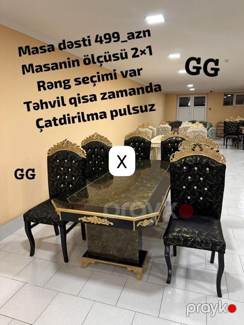 Zərif klassik üslubda masa dəsti. Qara-qızılı dekorlu masa və uyğun — Bakı