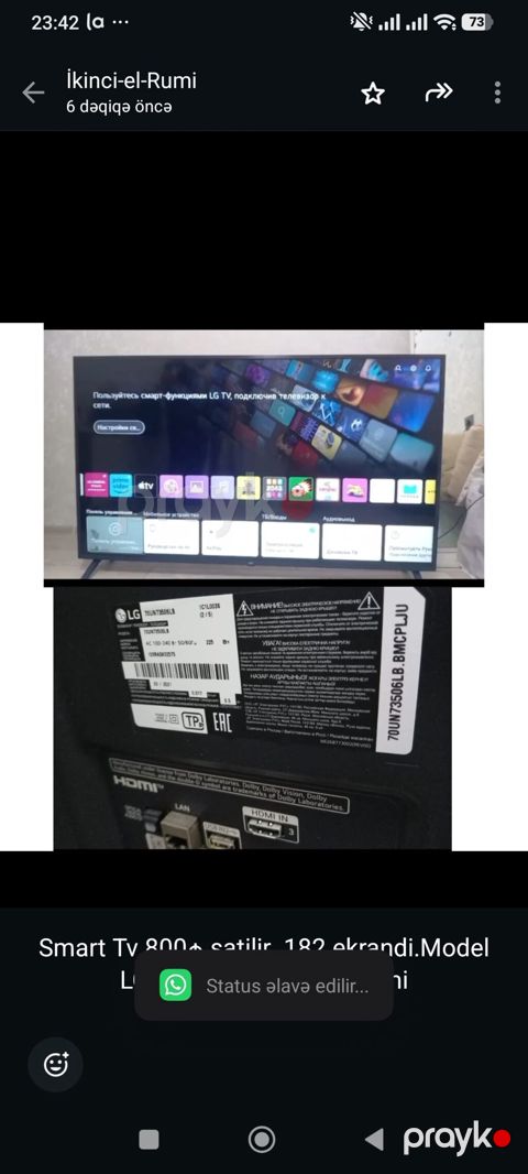 Smart Tv 800₼ satilir .182 ekrandi.Model LG .Unvan Ramana &Rumi — Bakı