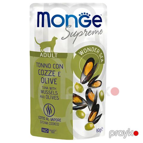 Nəm yem Monge Supreme Adult Cat yetkin pişiklər üçün, ton balığı, midiya və zeytun ilə, 80 q — Bakı