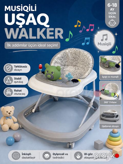 Yerimə arabası VİPBaby Mikky, musiqili, səssiz təkərli, boz — Bakı