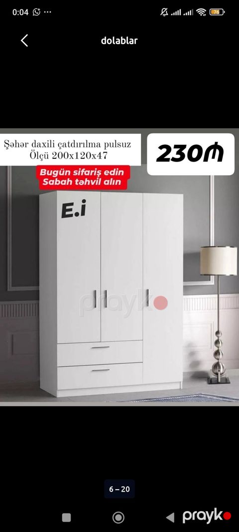 Ağ rəngli geyim dolabı - Ölçü: 200 x 120 x 47 sm - 3 qapılı dizayn — Bakı