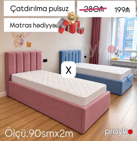 Uşaq/yeniyetmə otağı üçün yumşaq başlıqlı tək çarpayı - Ölçü: 90 sm x — Bakı