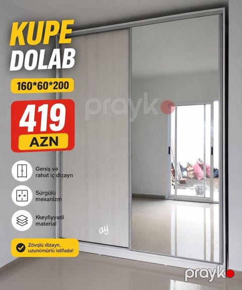 Kupe dolab – sürgülü qapılı, güzgülü model Ölçülər: 160×60×200 sm — Digah