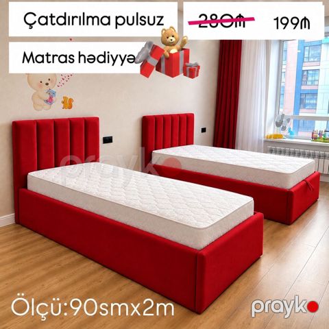 Uşaq/yeniyetmə üçün yumşaq başlıqlı çarpayı - Rəng: parlaq qırmızı — Bakı