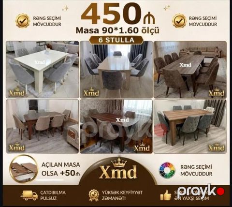 Yemək masası dəsti – 6 stul ilə - Masa ölçüsü: 90×160 sm - Qiymət: 450 — Bakı