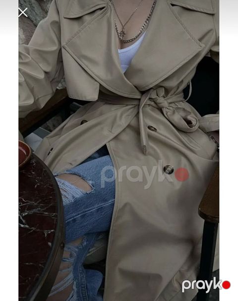 Bej rəngli qadın trençkot - Model: ikiqat düyməli, klassik trench — Bakı