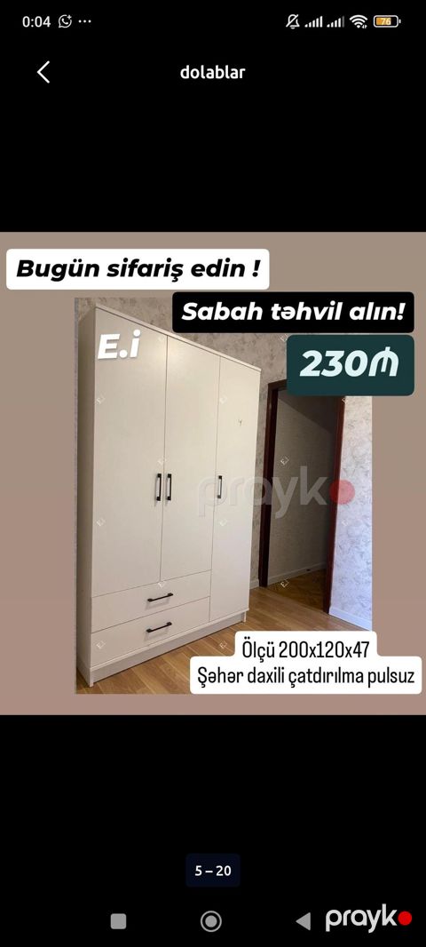 Ağ rəngli 3 qapılı paltar dolabı - Ölçü: 200×120×47 sm (şəkildə — Bakı