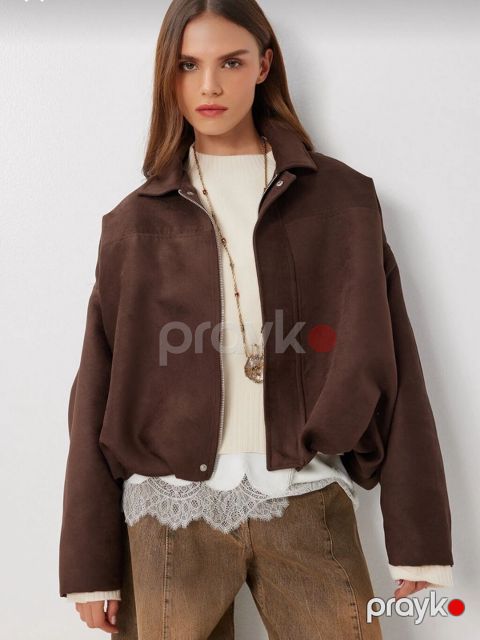 Qadın üçün şokolad rəngli üst geyim – oversize qısa jaket - Rəng — Bakı