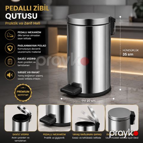 Zibil qabı No brand 001, Paslanmayan polad, Gümüşü, 10 l — Bakı