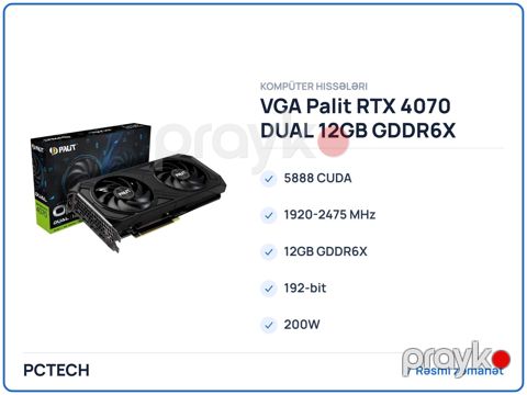 Vga Palit RTX 4070 dual 12GB GDDR6X (NED4070019K9-1047D) — Bakı