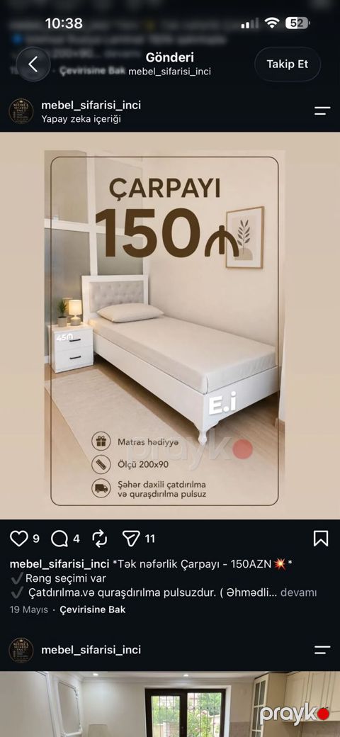 Tək nəfərlik çarpayı – 150 AZN - Ölçü: 200 x 90 sm - Matras hədiyyə — Sumqayıt