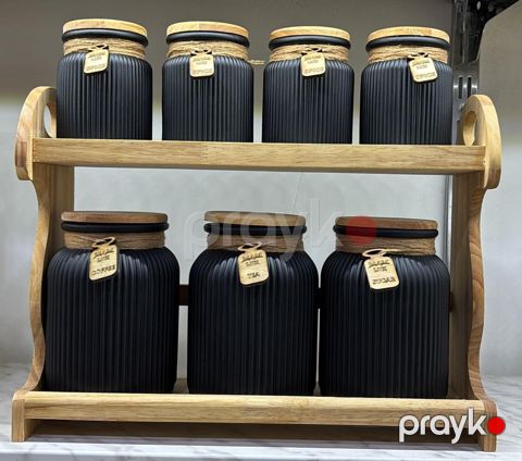 Ədviyyat üçün qab dəsti, 2 mərtəbəli bambu stendli, 7 ədəd, keramika, qara - homestore_vm1648 — Bakı