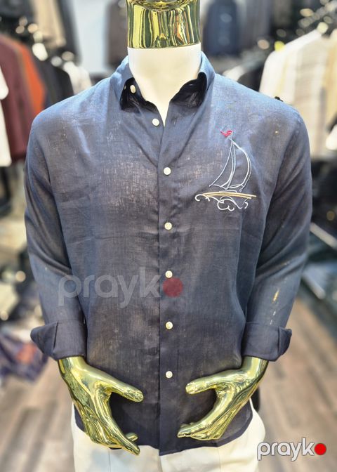 Kişilər üçün uzunqol köynək SH-4462, tünd göy, kətan, ölçü M — Bakı