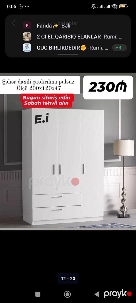Ağ rəngli üç qapılı geyim dolabı - Ölçü: 200 x 120 x 47 sm (şəkildə — Bakı