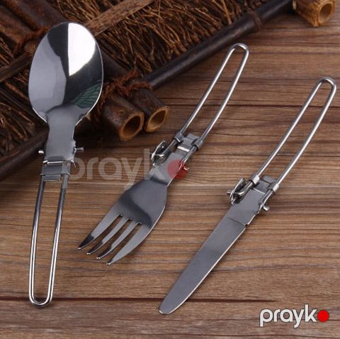 Turist qab-qacağı 3Set paslanmayan poladdan portativ qatlanan bıçaq, qaşıq, çəngəl dəsti - prl_991157 — Bakı