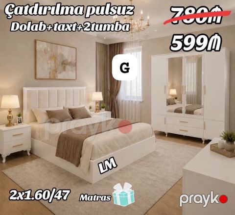 Yataq otağı dəsti – Dolab + taxt + 2 tumba - Rəng: ağ, qızılı — Bakı