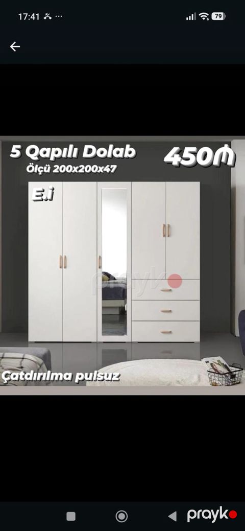 5 qapılı geyim dolabı - Ölçü: 200 200 47 sm - Rəng: ağ - Orta — Bakı
