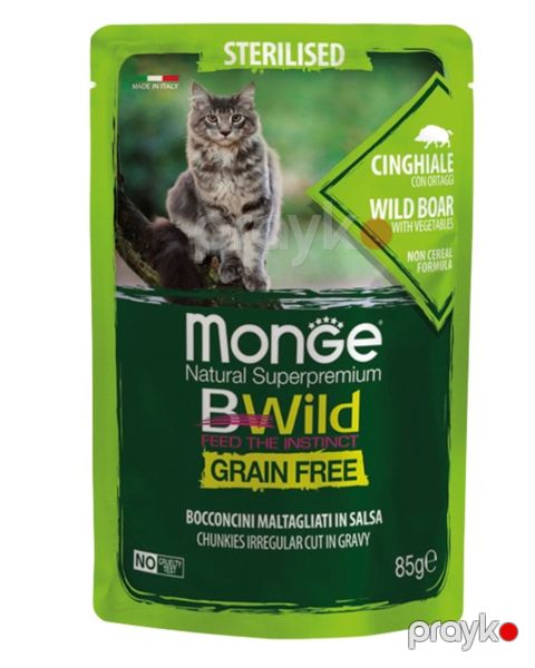 Nəm yem qısırlaşdırılmış pişiklər üçün Monge Cat BWild Grain Free, çöldonuzu və tərəvəz ilə, 85 q — Bakı