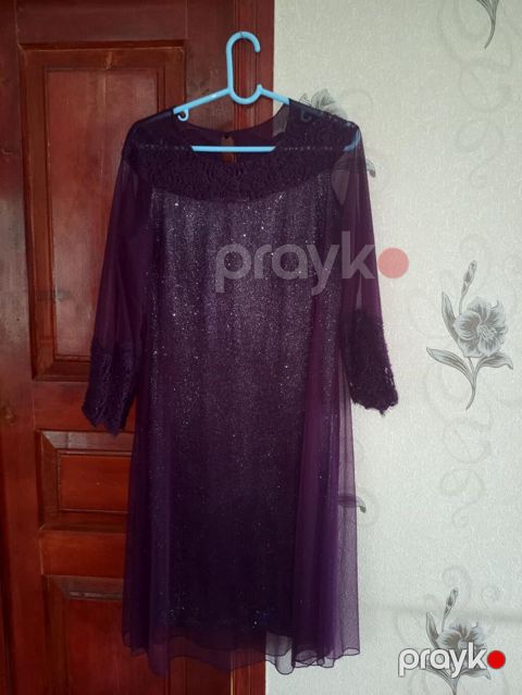 Bənövşəyi rəngdə zərli ziyafət paltarı. - Yarışəffaf tül üst qat — Bakı