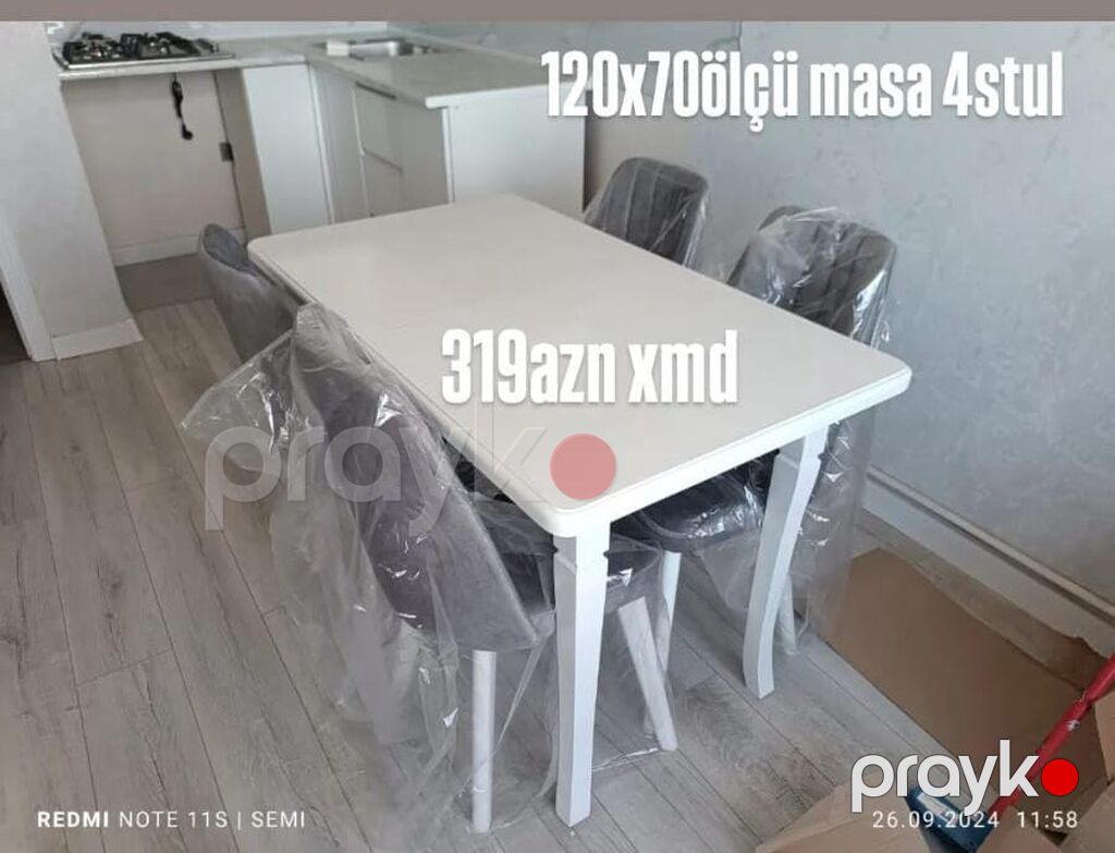 Ağ rəngdə yemək masası dəsti – 1 masa + 4 stul - Masa ölçüsü: 120 x — Masalar və stullar, Bakı (3)