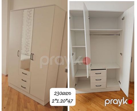 Məhsul 1: Ainalı 4 qapılı paltar dolabı - Rəng: ağ - Ön hissədə tam — Bakı