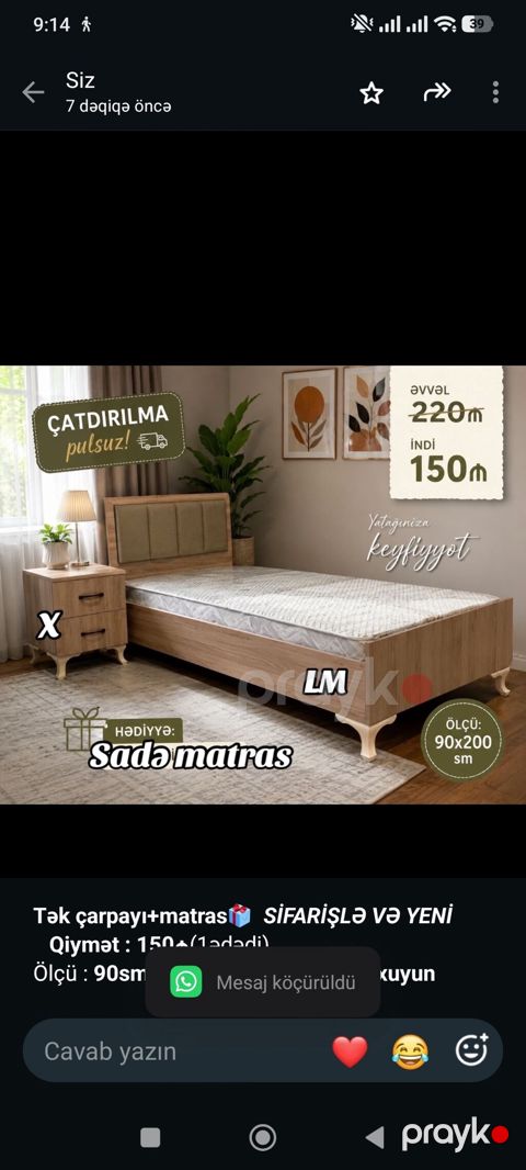 *Tək çarpayı+matras _*Sifarişlə VƏ Yeni*_ *Qiymət — Bakı