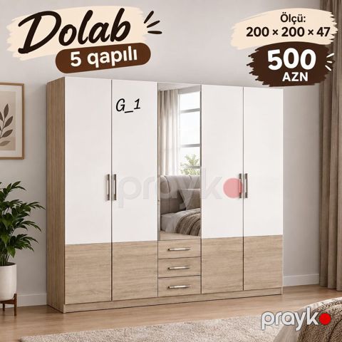 5 qapılı paltar dolabı – model G_1 - Ölçülər: 200 200 47 sm — Bakı