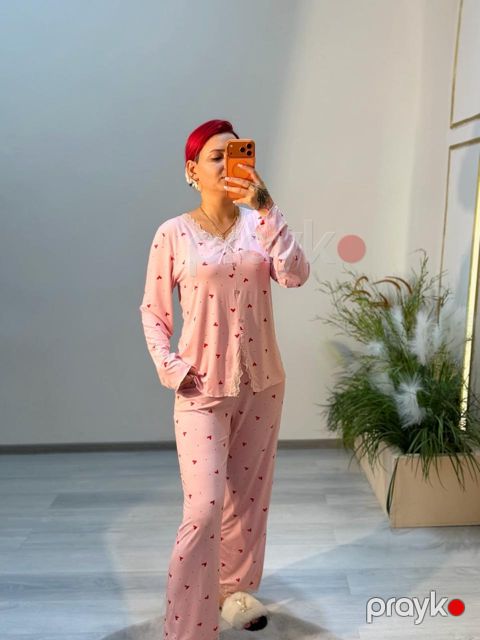 Şalvarlı pijama dəsti qadın üçün 12509, çəhrayı, pambıq, ölçü One size — Bakı