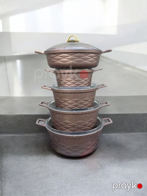 Qazan dəsti RB001_210967, qranit, 4 mm, qəhvəyi, şüşə qapaqlı, 10 parça - RB001_210967 — Bakı