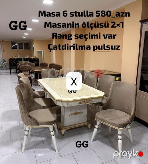 Yemək otağı dəsti – masa + 6 stul - Masa ölçüsü: 2×1 m - Rəng seçimi — Bakı