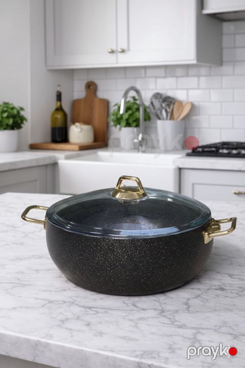 Qazan Kahnshop030168, granit, yanmaz yapışmaz, 32 sm, qara - Kahn shop030168 — Bakı