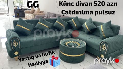 Künc divan – zümrüd-yaşıl rəng, qızılı dekor detallar və naxışlı — Sumqayıt