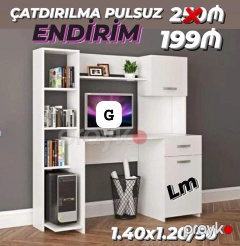 Kompyuter/iş masası ilə kitab rəfi və dolablı modul - Rəng: ağ — Bakı