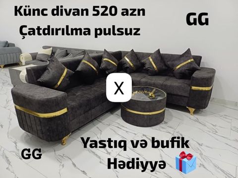 Künc divan – dəbdəbəli dizayn, tünd boz məxməri parça, qızılı dekor — ucuz.mebel — Soft furniture sets